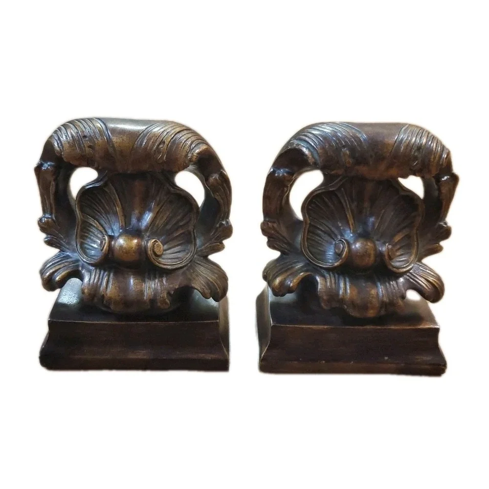 Set Of Two Resin High Bronze Shell Design Bookends Ornate Solid‎ Heavy